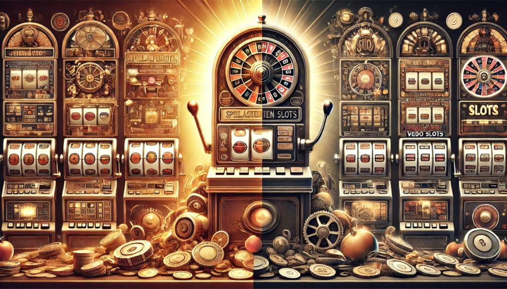 DALLE 20250327 123942 A visually striking 169 banner image for a blog post titled Von klassischen Spielautomaten zu modernen Video Slots Die Evolution From classic sl Freispiele Slots