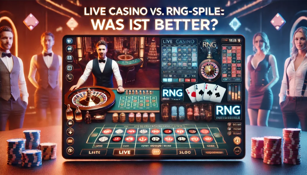 DALLE 20250327 131100 A visually engaging and balanced 169 banner image for a blog post titled Live Casino vs RNGSpiele Was ist besser Live casino vs RNG games Wh Freispiele Slots