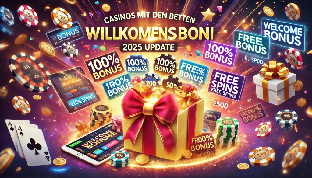 DALLE 20250327 131207 A vibrant and appealing 169 banner image for a blog post titled Casinos mit den besten Willkommensboni 2025 Update Casinos with the best welcome Freispiele Slots